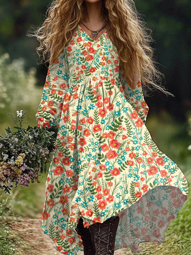 Vintage Bohemian Floral Print V-Neck Long Sleeve Midi Dress