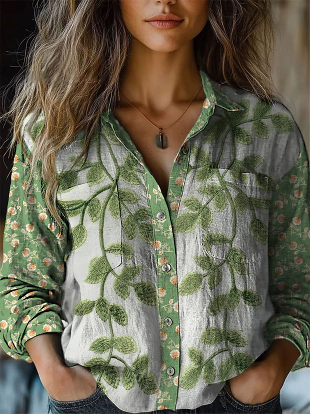 Retro Boho Floral Art Printed Vintage Chic V-Neck Button Pocket Cotton Long Sleeve Shirt