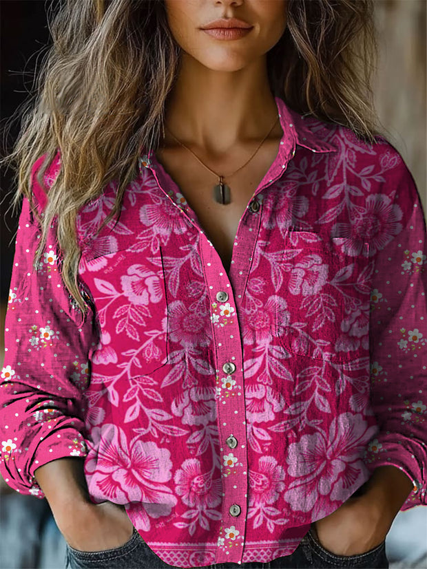 Retro Boho Floral Art Printed Vintage Chic V-Neck Button Pocket Cotton Long Sleeve Shirt