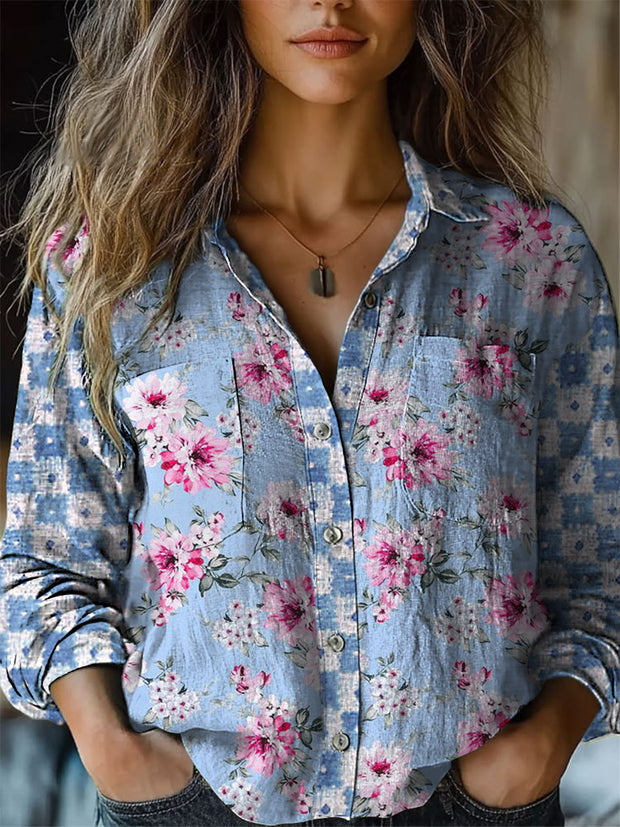 Retro Boho Floral Art Printed Vintage Chic V-Neck Button Pocket Cotton Long Sleeve Shirt