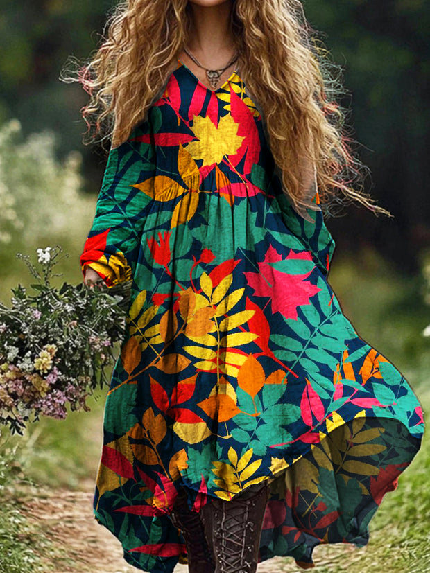 Ladies Fashion Elegant Art Colorful Leaves Print V-Neck Long Sleeve Long Dress