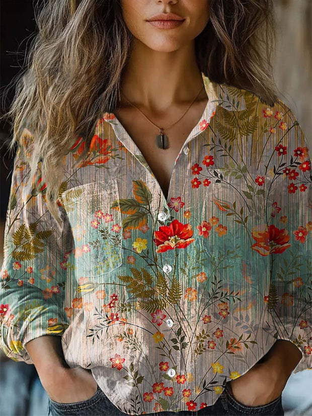 Retro Fashion Art Floral Print V-Neck Long Sleeve Button-Up Top