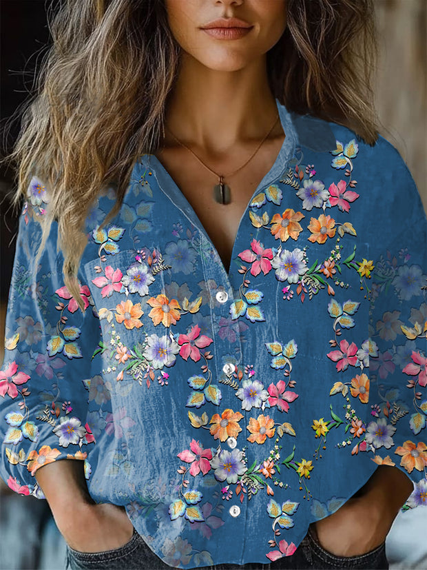 Retro Fashion Art Floral Print V-Neck Long Sleeve Button-Up Top