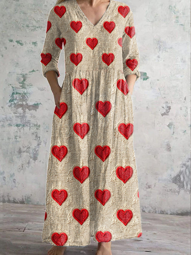 Retro Valentine's Day Heart Art Illustration Print V-Neck Midi Dress