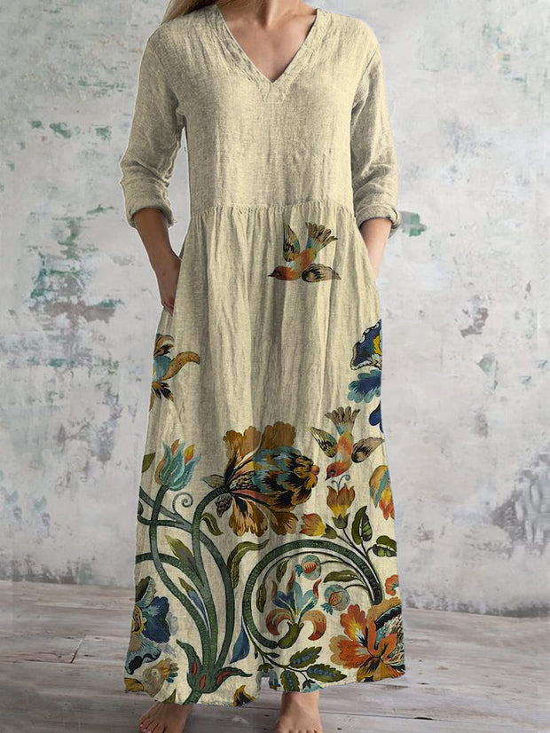 Vintage Flowers And Birds Art Print Chic V Neck Three Quarter Sleeve Elegant Midi Dress