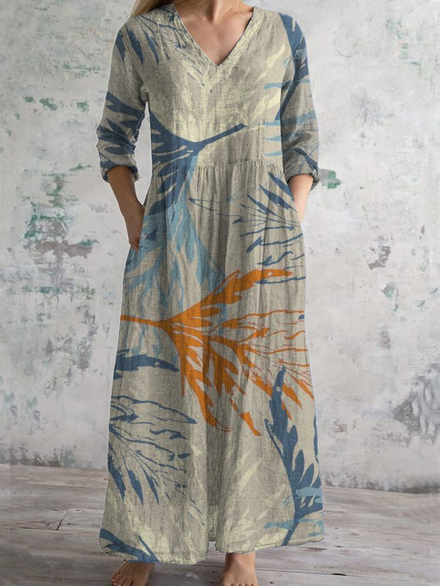 Abstract Vintage Art Print Chic V Neck Three Quarter Sleeve Elegant Midi Dress