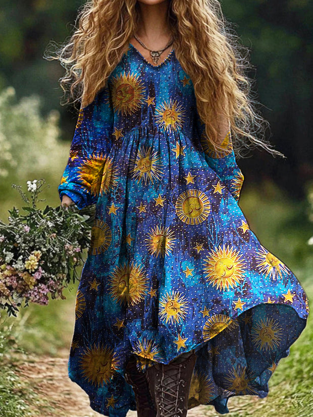 Ladies Fashion Elegant Art Sun And Stars Print V-Neck Long Sleeve Long Dress