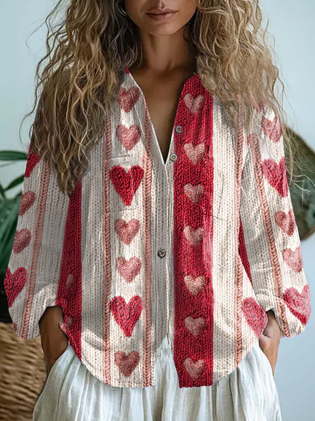 Vintage Valentine's Day Art Print V Neck Long Sleeve Button Top