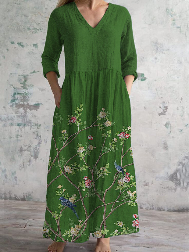 Vintage Art Fowers＆Birds Print Chic V Neck Three Quarter Sleeve Elegant Midi Dress