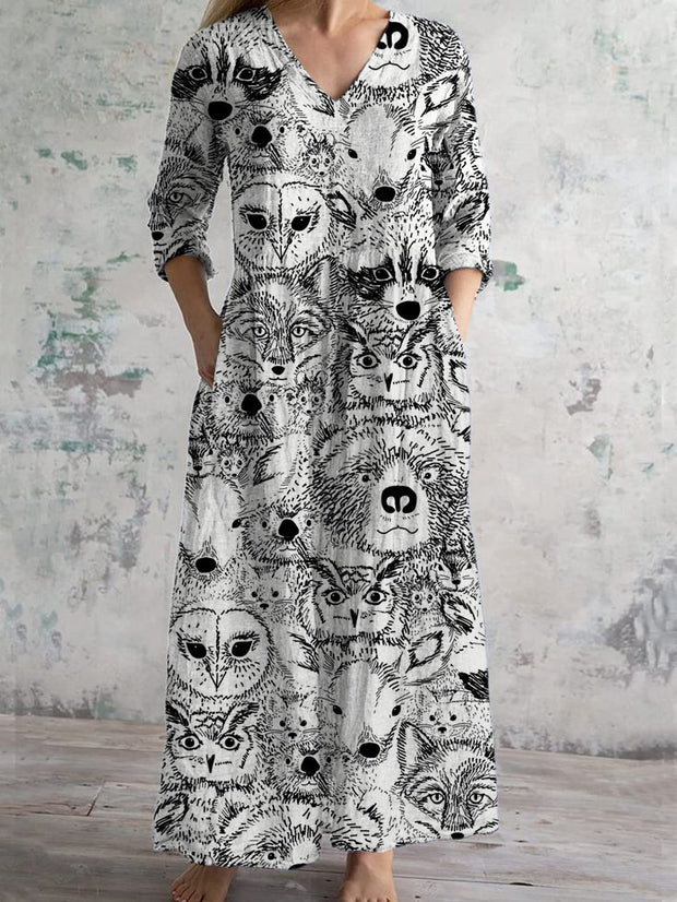 Animal Fashion Art Print Chic V Neck Three Quarter Sleeve Elegant Midi Dress