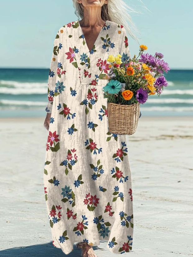 Retro Fashion Floral Print Wide Brim V Neck Dress