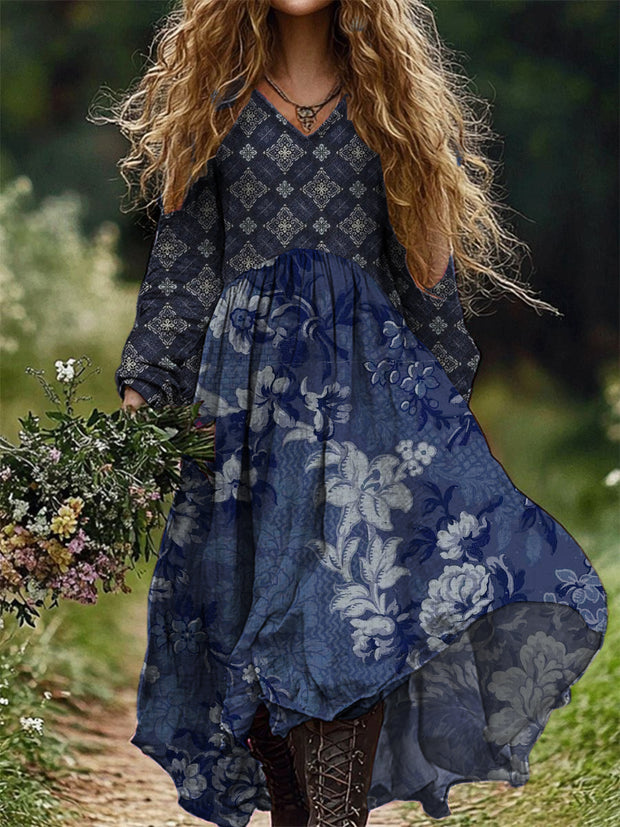 Vintage Floral Print V-Neck Elegant Chic Loose Long Sleeve Midi Dress