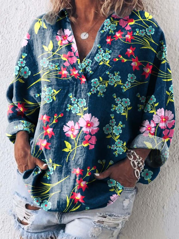 Vintage Fashion Floral Art Print Casual Shirt