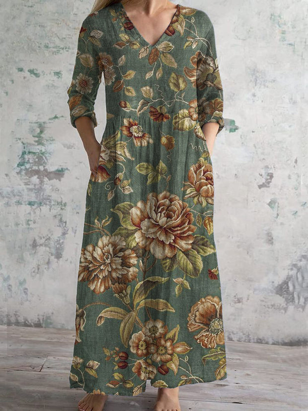 Vintage Art Print Chic V Neck Three Quarter Sleeve Elegant Midi Dress