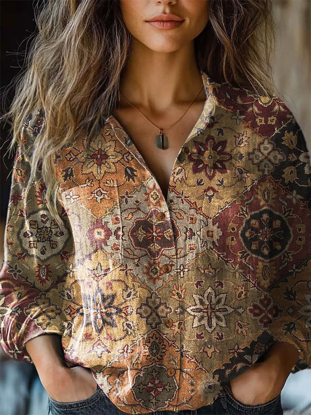 Ethnic Vintage Floral Pattern Printed Women's Casual Long Sleeve Comfortable Cotton Shirt