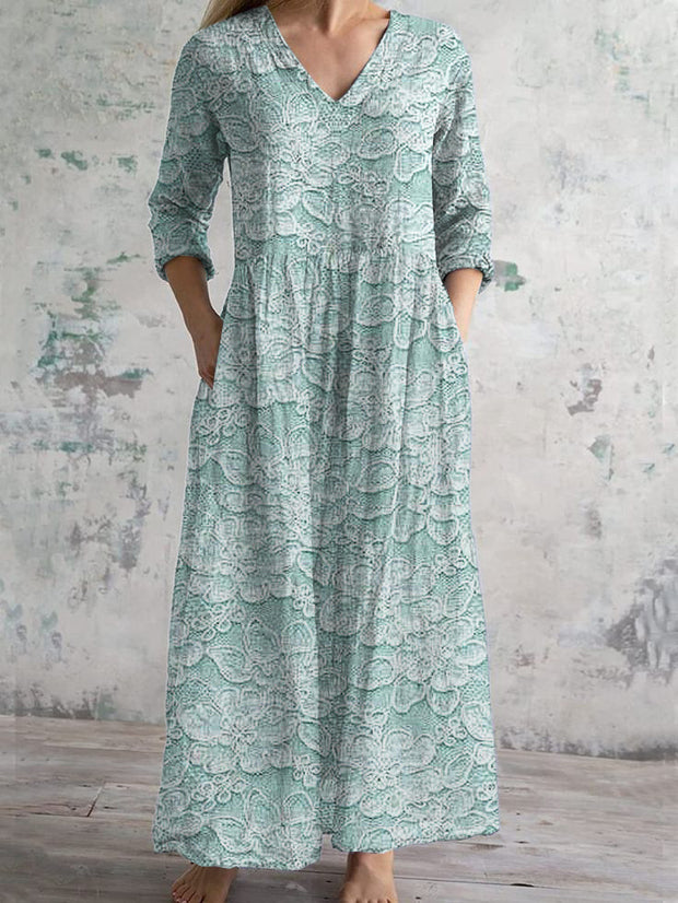 Vintage Art Print Chic V Neck Three Quarter Sleeve Elegant Midi Dress