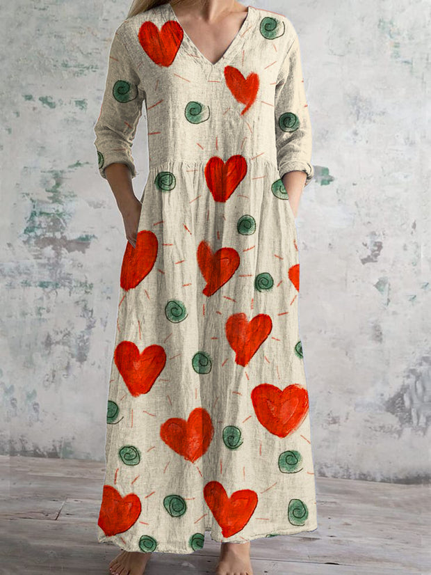 Valentine's Day Vintage Art Print Chic V Neck Three Quarter Sleeve Elegant Midi Dress