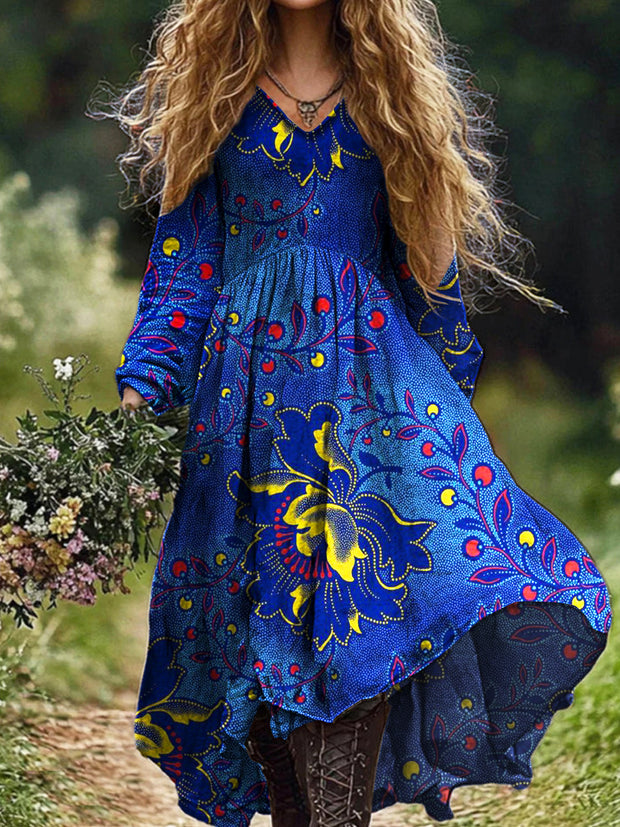 Ladies Fashion Elegant Art Floral Print V-Neck Long Sleeve Long Dress