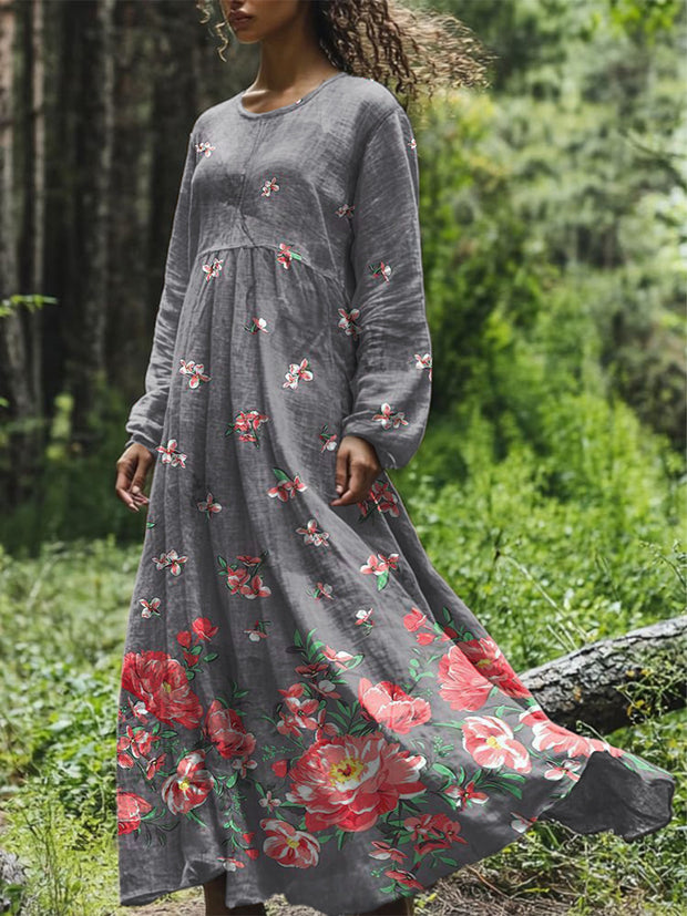 Vintage Floral Art Printed Round Neck Loose Long Sleeves Midi Dress