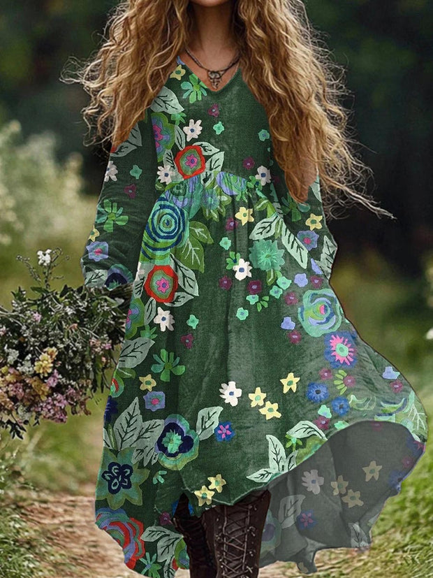 Fashionable Retro Floral Illustration Print V-Neck Midi Dress