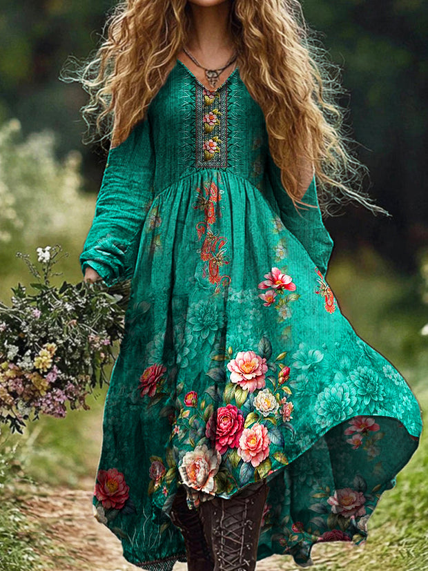 Ladies Fashion Elegant Art Floral Print V-Neck Long Sleeve Long Dress