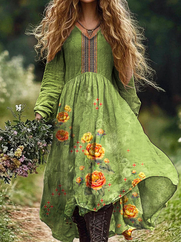 Ladies Fashion Elegant Art Floral Print V-Neck Long Sleeve Long Dress