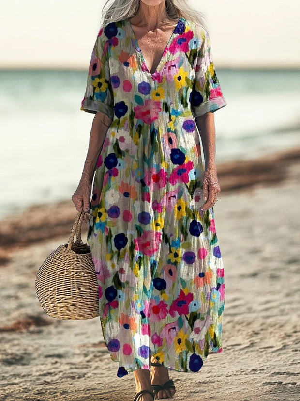 Retro Boho Floral Art Printed V-Neck Vintage Loose Long Sleeves Midi Dress