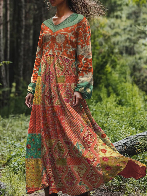 Retro Boho Floral Art Printed V-Neck Vintage Loose Long Sleeves Midi Dress