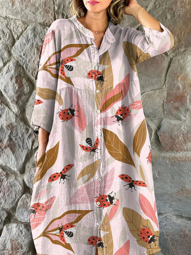 Vintage Seven-Spotted Ladybug Art Print Chic V-Neck Three-Quarter Sleeve Button Up Elegant Midi Dress