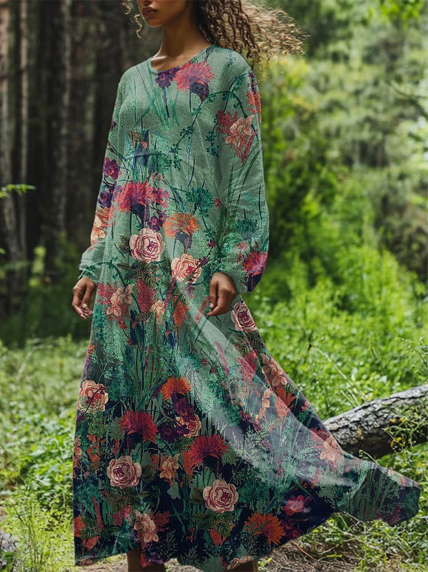 Vintage Floral Art Printed Round Neck Loose Long Sleeves Midi Dress