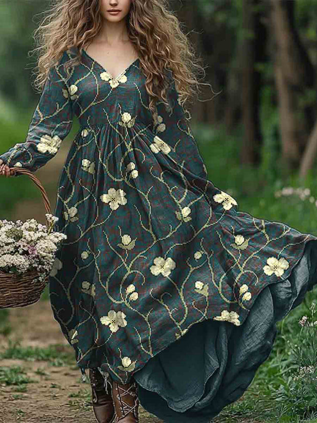 Ladies Fashion Elegant Art Floral Print V-Neck Long Sleeve Long Dress