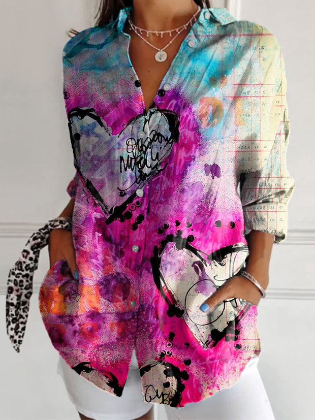 Retro Valentine's Day Illustration Printed Long Sleeve Shirt Top