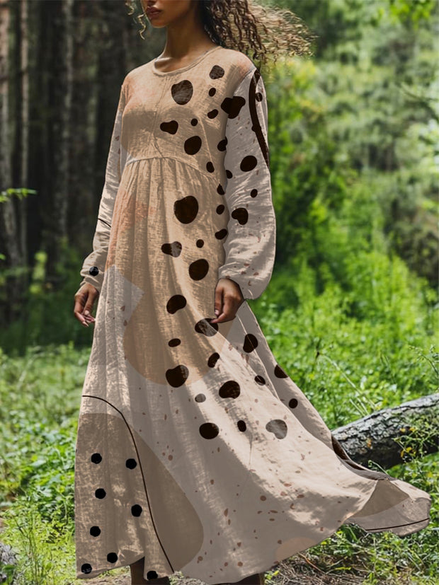 Vintage Polka Dot Printed Round Neck Loose Long Sleeves Midi Dress