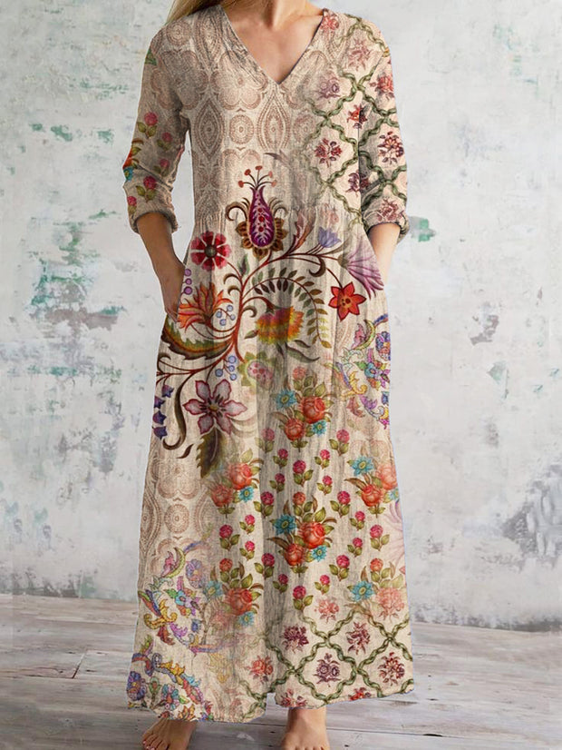 Vintage Ethnic Art Print Chic V Neck Three Quarter Sleeve Elegant Midi Dress