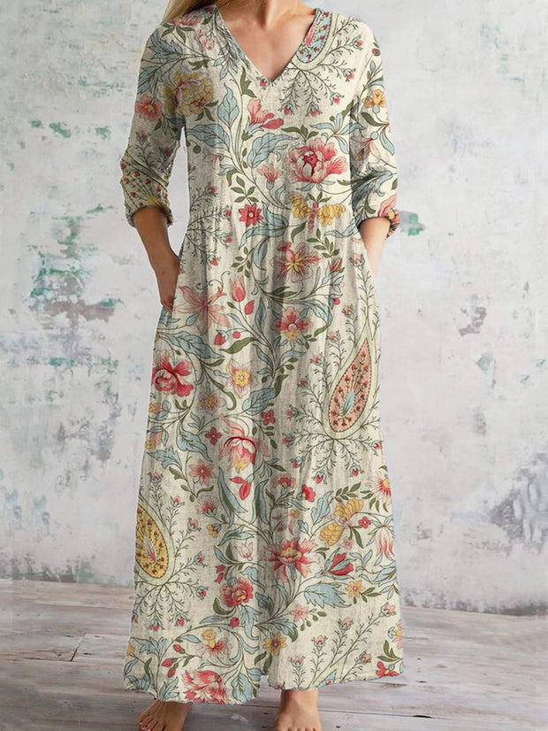 Vintage Art Print Chic V Neck Three Quarter Sleeve Elegant Midi Dress