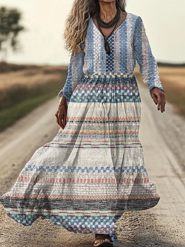 Retro Gorgeous Textured Print Casual V-Neck Midi Dress