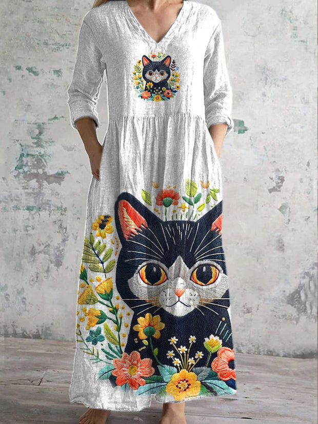 Retro Fashion Graffiti Cat Print Casual V-Neck Dress