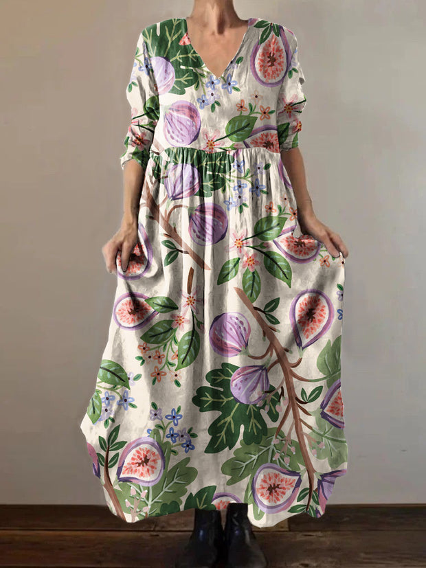 Retro Fashion Floral Illustration Print V-Neck Dress