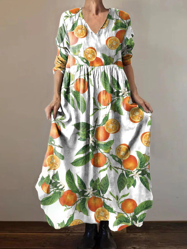 Retro Fashion Floral Illustration Print V-Neck Dress