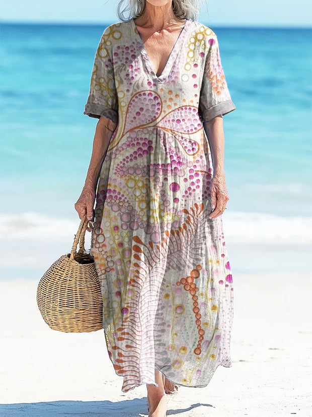 Retro Spring Boho Floral Print Vintage Chic V-Neck Button Up Long Sleeve Midi Dress