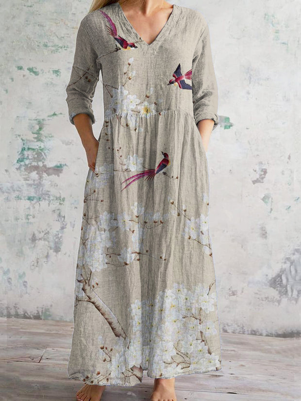 Flowers And Birds Vintage Art Print Chic V Neck Three Quarter Sleeve Elegant Midi Dress