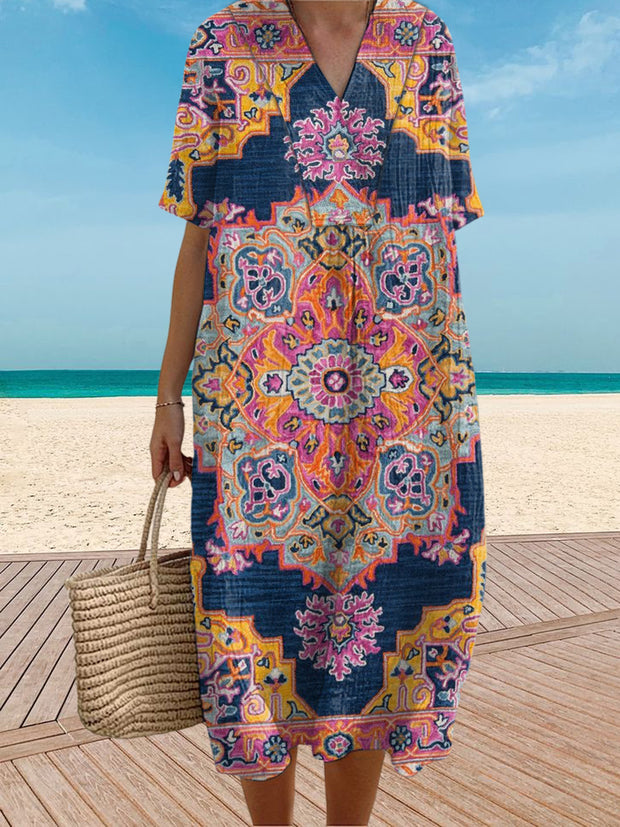 Ethnic Vintage Floral Print V Neck Elegant Chic Loose Short Sleeve Midi Dress