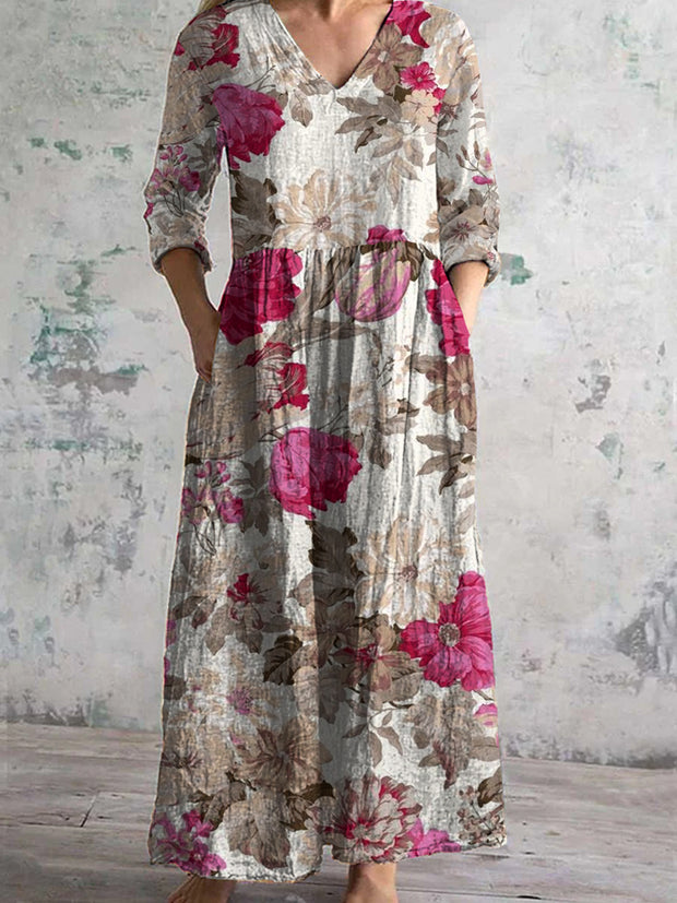 Women's Vintage Floral Print Chic V-Neck Bohemian Elegant Midi