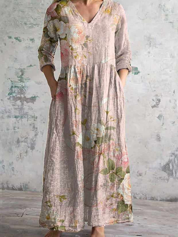 Women's Vintage Floral Print Chic V-Neck Bohemian Elegant Midi