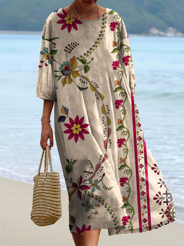 Women's Vintage Floral Print Chic Round Neck Bohemian Elegant Midi