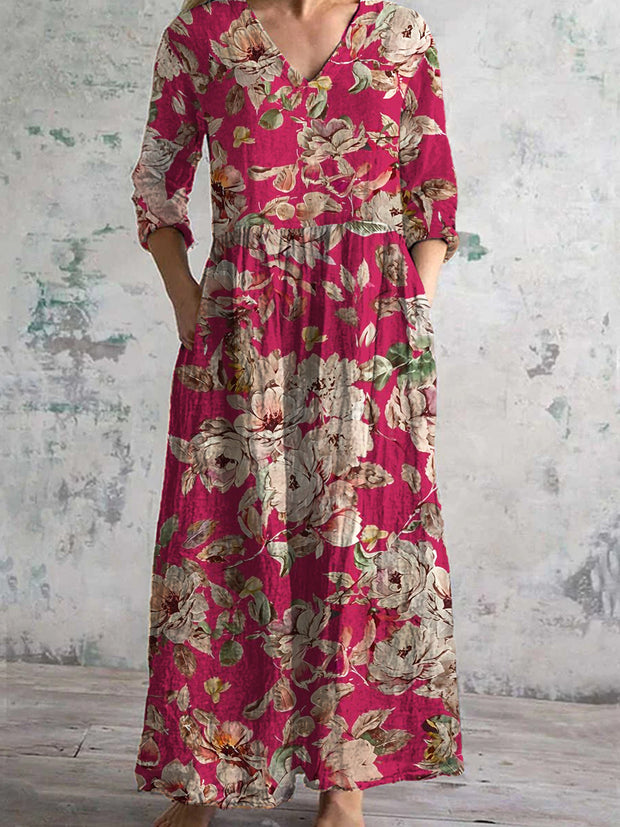 Women's Vintage Floral Print Chic V-Neck Bohemian Elegant Midi