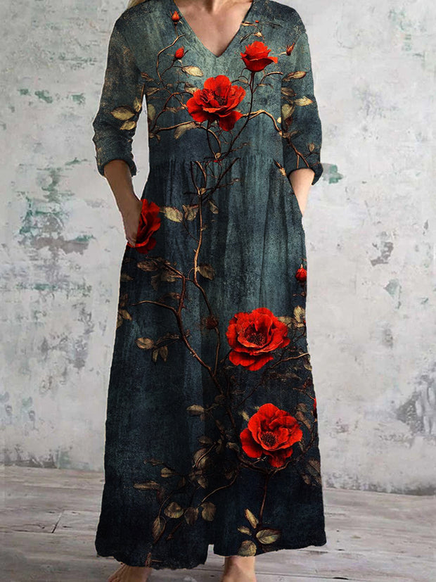 Women's Vintage Floral Print Chic V-Neck Bohemian Elegant Midi