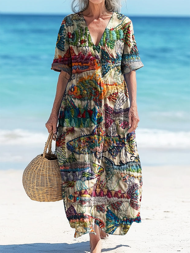 Vintage V-Neck Fish Art Print Elegant And Chic Loose Midi Dress