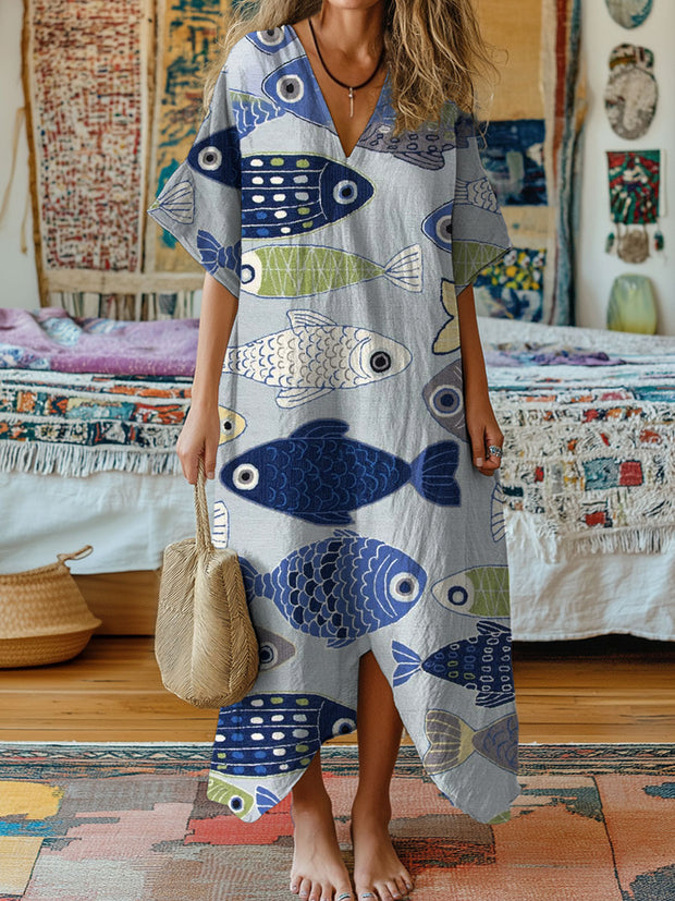 Vintage V-Neck Fish Art Print Elegant And Chic Loose Midi Dress