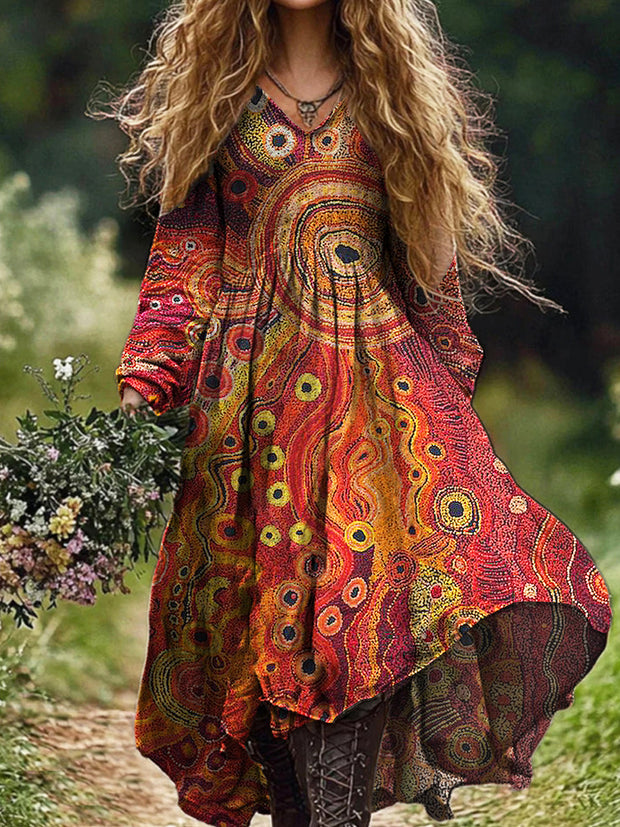 Ladies Fashion Elegant Art Floral Print V-Neck Long Sleeve Long Dress